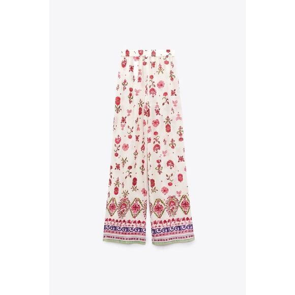 NWT Zara Floral Print High Waisted Pull On Wide Leg Trousers, Size Small - Picture 9 of 16